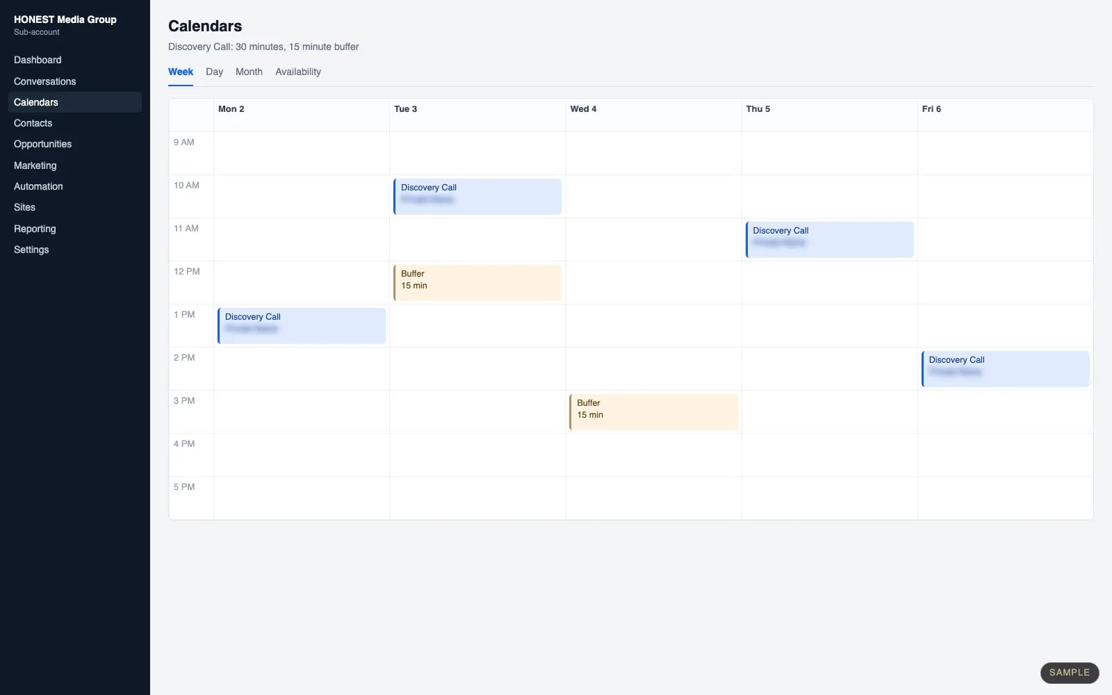 Sample mock-up: a CRM calendar of discovery calls.
