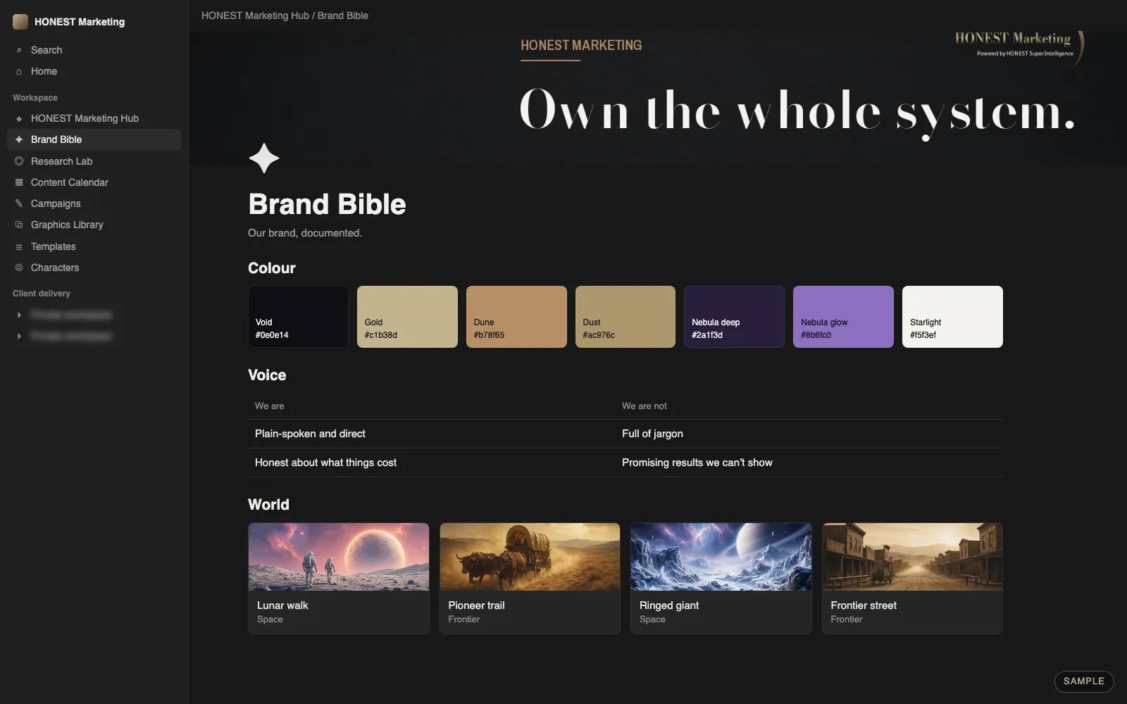 Sample mock-up: a Notion Brand Bible with colours and voice.