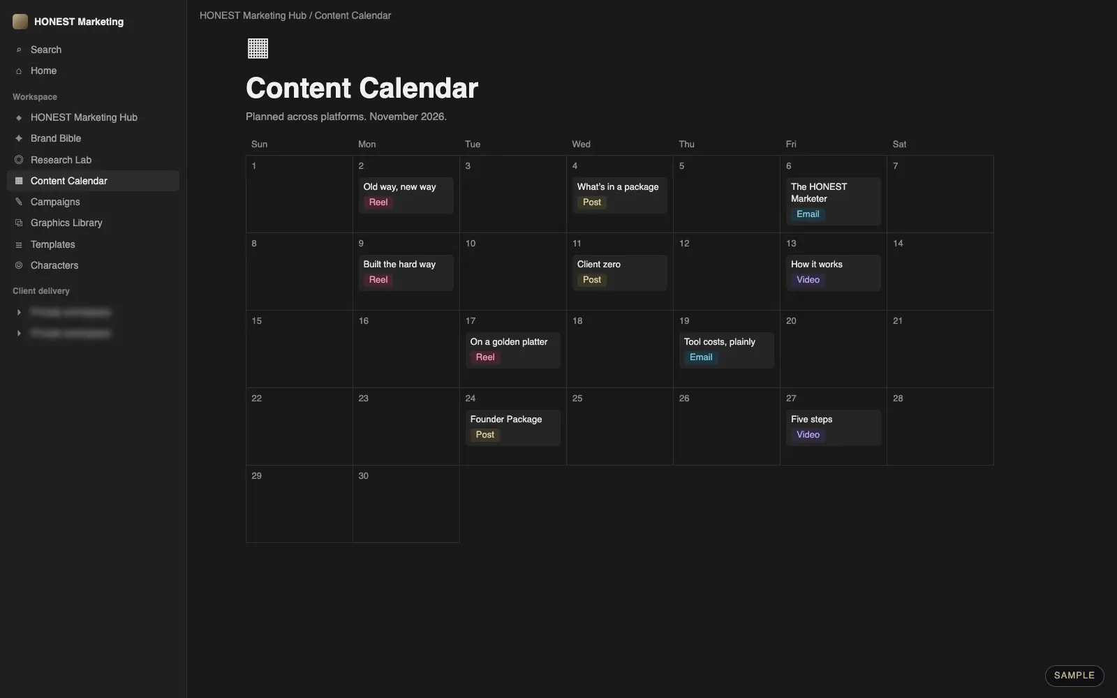 Sample mock-up: a Notion content calendar for a month.