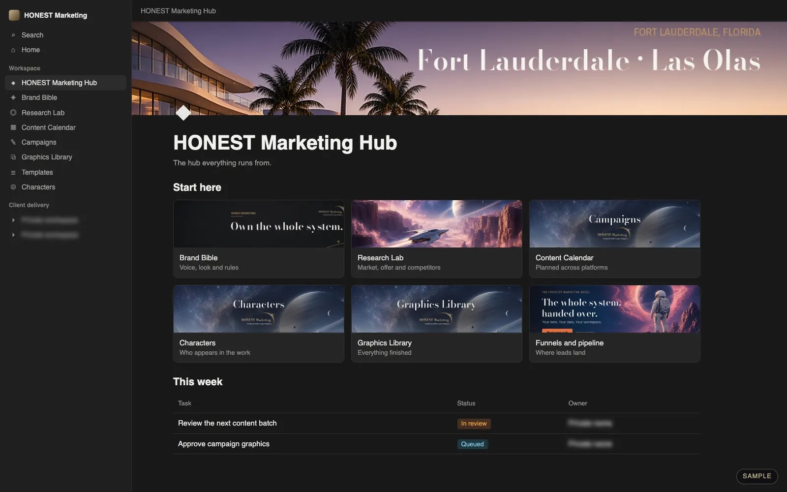 Sample mock-up: a Notion hub linking the brand, research and content.