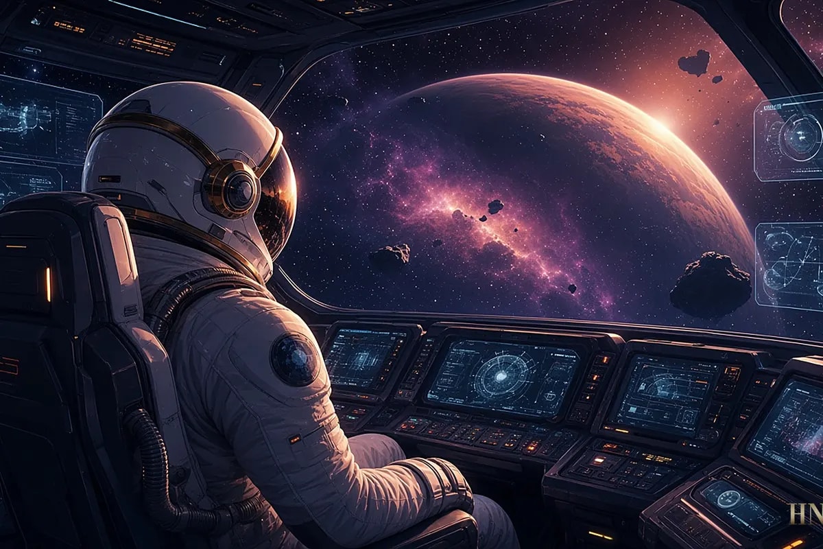 An astronaut at the controls of a spacecraft.