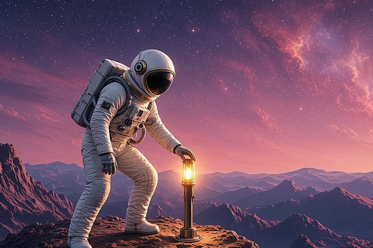 An astronaut lighting a lantern on a mountain ridge.